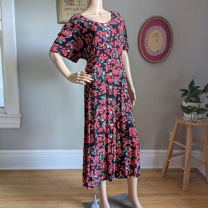 Vintage 90s JG Hook Midi Dress Cherry Print Cottagecore Size Petite XL